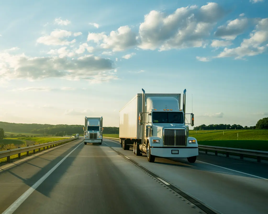 A modern Smooth Move Logistics truck driving on a highway at sunset
