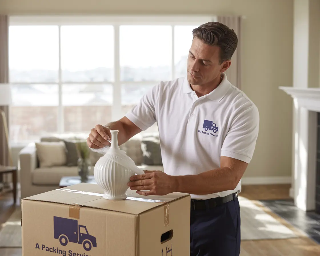 A professional mover from Smooth Move Logistics carefully packing a box for long-distance move